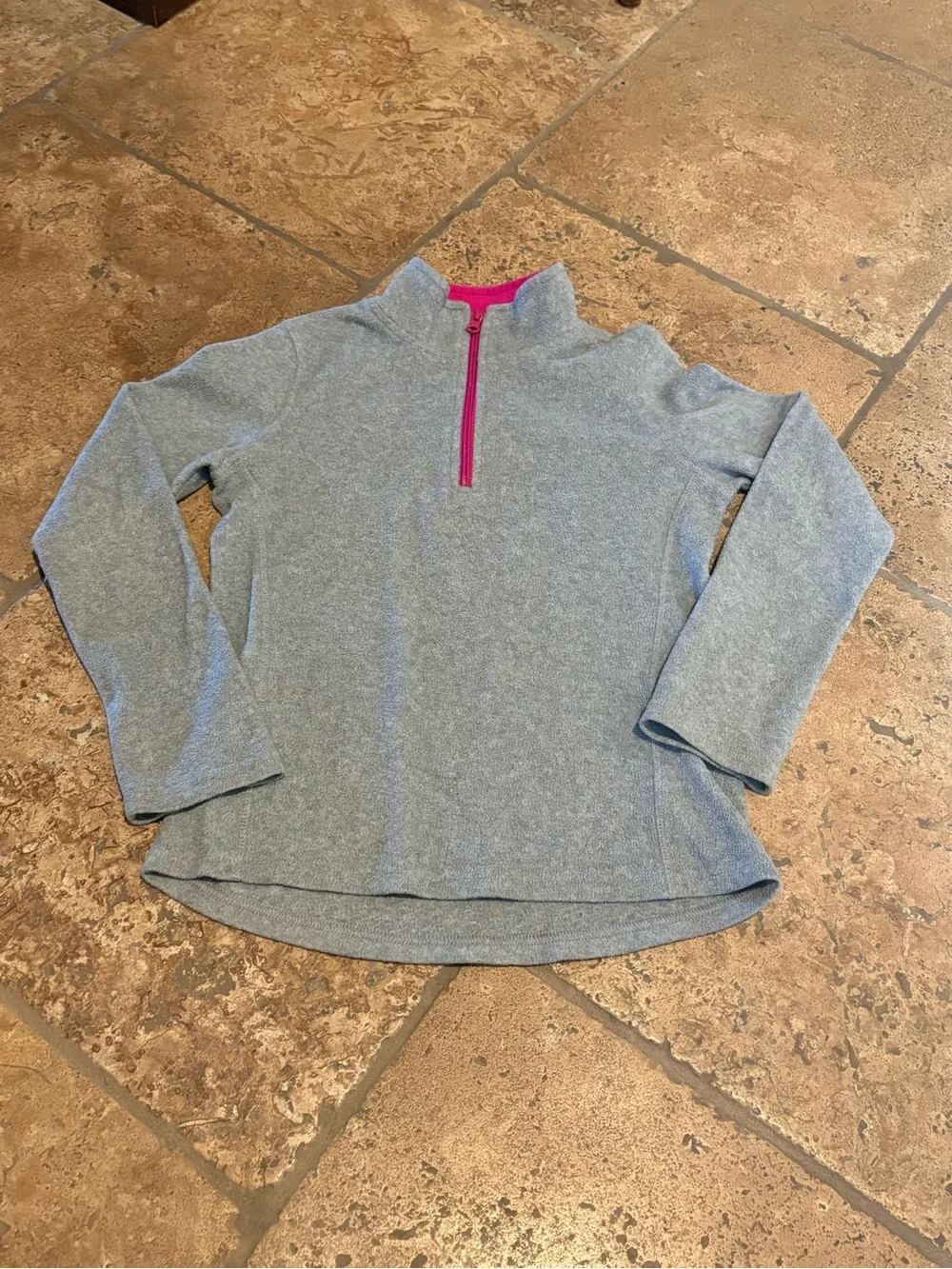Old Navy Girls Kids Light Gray Quarter-Zip Fleece Pullover with Pink Trim Size L